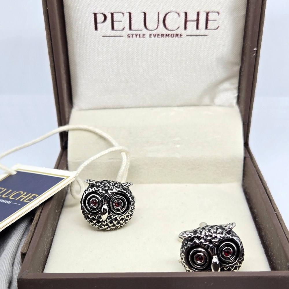 PELUCHE Garnet Rhinestone Owl Cufflinks NEW GIFT Husband Boyfriend Son
